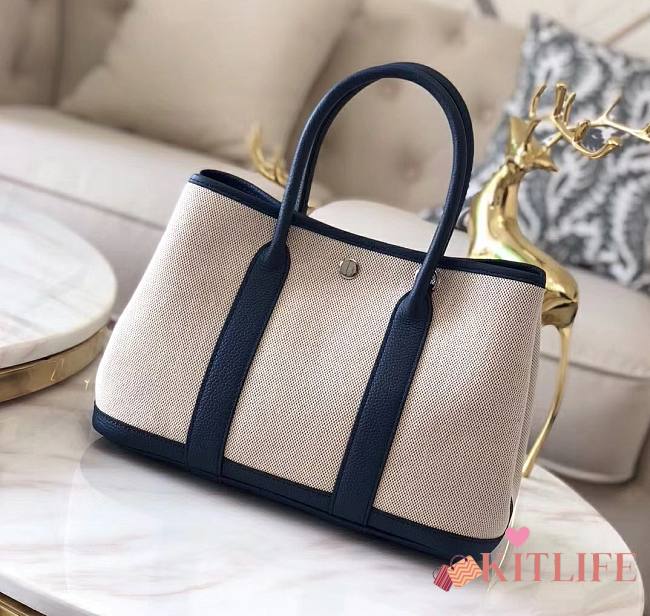 Forubags Hermes Garden Party Canvas Leather Small Bag White/Dark Blue – 30x21x13 cm - 1