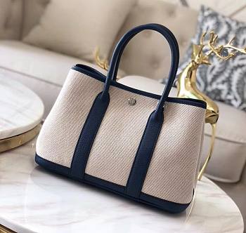 Forubags Hermes Garden Party Canvas Leather Small Bag White/Dark Blue – 30x21x13 cm