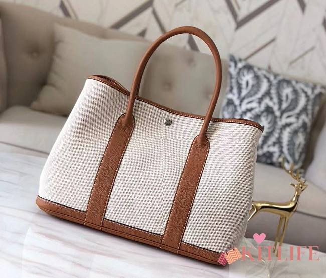 Forubags Hermes Garden Party Canvas Leather Small Bag White/Brown – 30x21x13 cm - 1