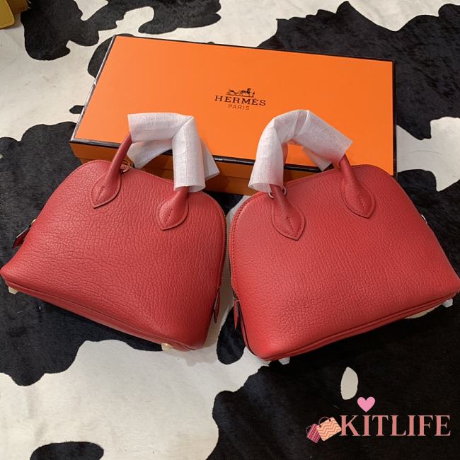 Forubags Hermes Bolide Mini Chevre Goat Skin Gold And Silver Buckle Red – 18.5x14.5x7.3 cm - 1