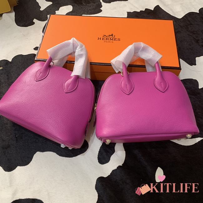 Forubags Hermes Bolide Mini Chevre Goat Skin Gold And Silver Buckle Pink – 18.5x14.5x7.3 cm - 1