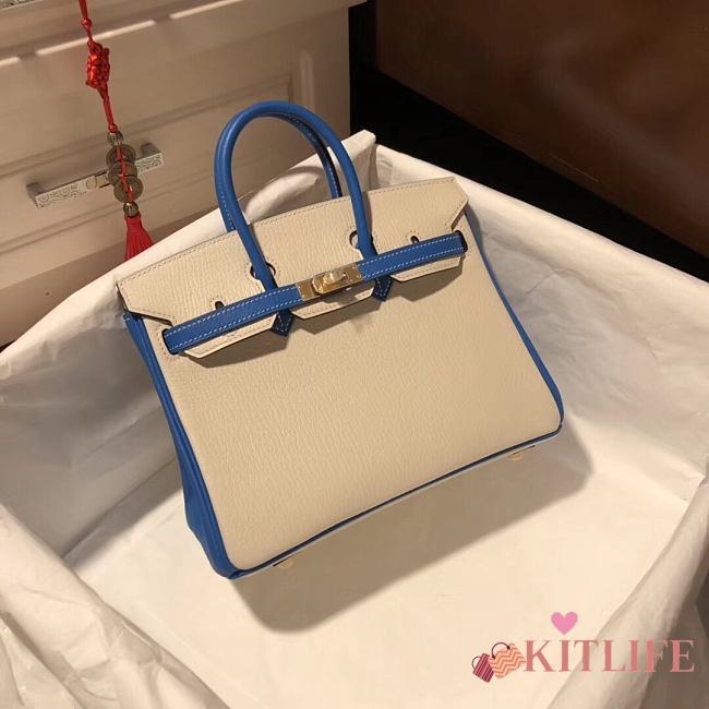 Forubags Hermes Birkin French Goatskin White and Greek Blue Brushed Gold Buckle Hardware - 25 cm - 1