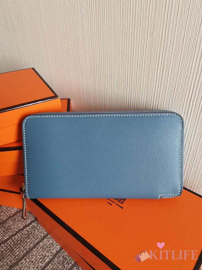 Forubags Hermes Silk Compartment Zippered Epsom Leather Wallet Medium Blue – 20x11 cm - 1