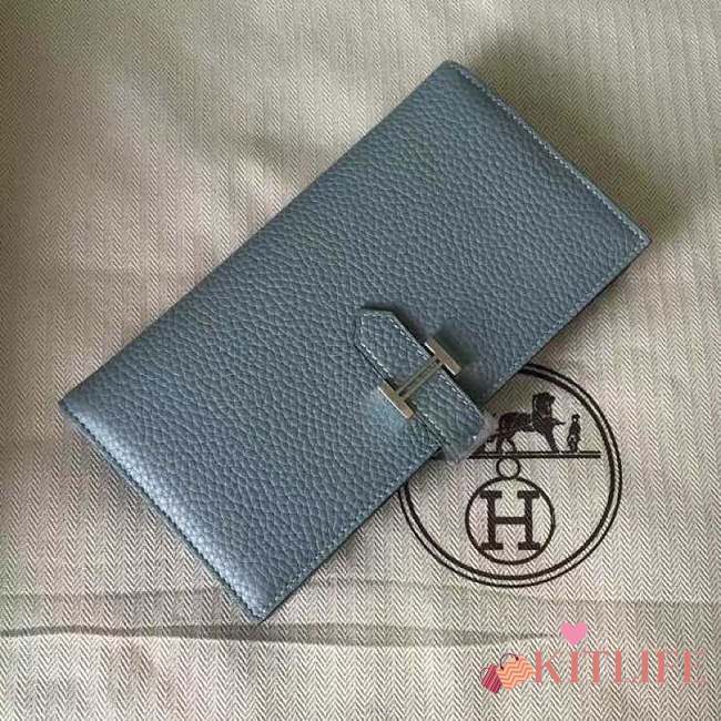 Forubags Hermes Bearn Two-Fold Togo Leather Wallet Linen Blue – 17.5x9x0.5 cm - 1