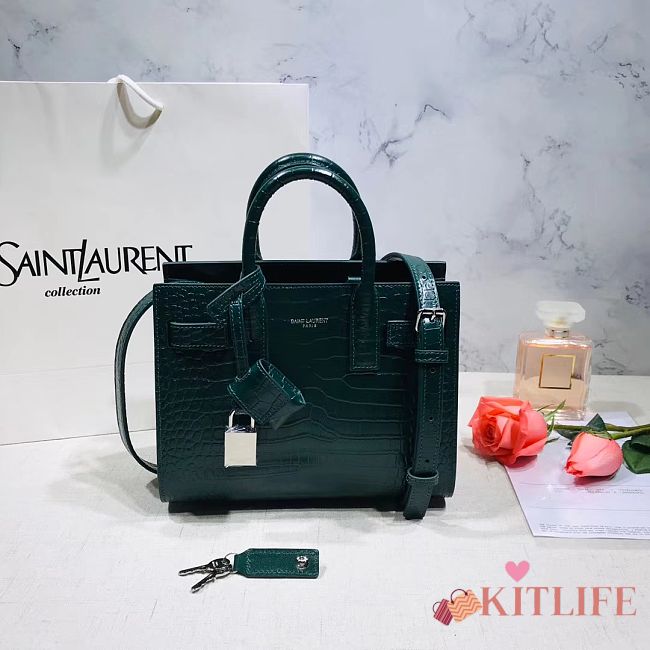 Forubags YSL Classic Sac De Jour Nano In Embossed Crocodile Shiny Leather With Padlock Dark Green – 392035 – 22x18x11 cm - 1