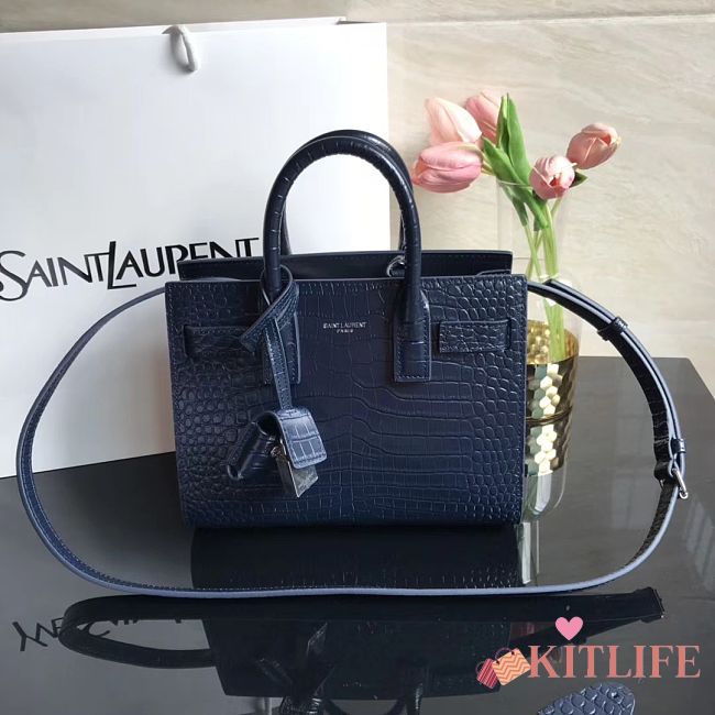 Forubags YSL Classic Sac De Jour Nano In Embossed Crocodile Shiny Leather With Padlock Dark Blue – 392035 – 22x18x11 cm - 1