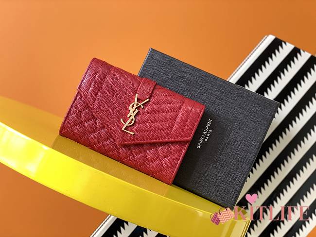 Forubags YSL Monogram Small Envelope Wallet In Mix Matelassé Grain De Poudre Embossed Leather Gold Metal Logo Red – 651026 – 13.5x9.5x3 cm - 1