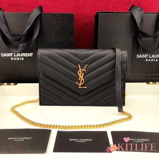 Forubags YSL Envelope Chain Wallet In Grain De Poudre Embossed Leather Gold Metal Logo Black – 393953 – 19x11.5x4 cm - 1