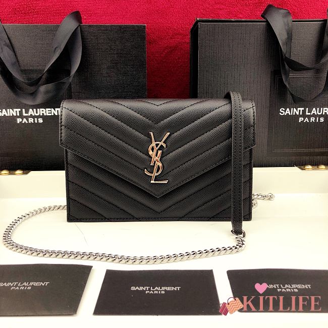 Forubags YSL Envelope Chain Wallet In Grain De Poudre Embossed Leather Silver Metal Logo Black – 393953 – 19x11.5x4 cm - 1