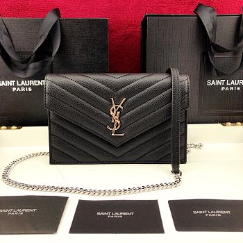 Forubags YSL Envelope Chain Wallet In Grain De Poudre Embossed Leather Silver Metal Logo Black – 393953 – 19x11.5x4 cm