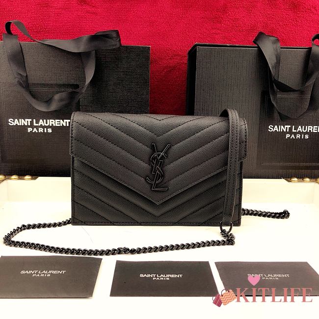 Forubags YSL Envelope Chain Wallet In Grain De Poudre Embossed Leather Matte Logo Black – 393953 – 19x11.5x4 cm - 1