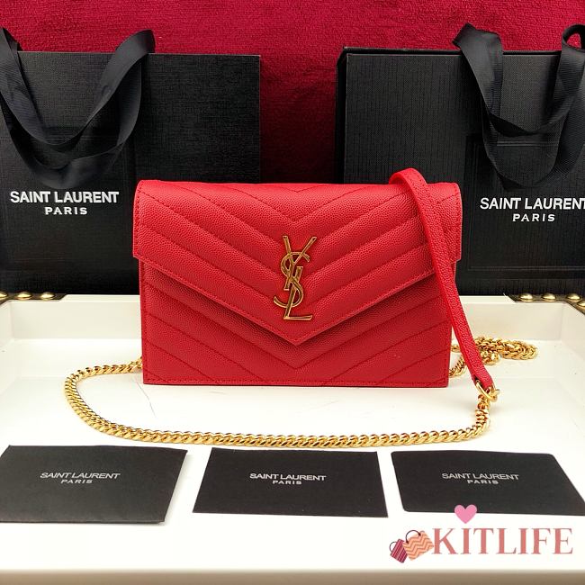 Forubags YSL Envelope Chain Wallet In Grain De Poudre Embossed Leather Gold Metal Logo Rouge Red – 393953 – 19x11.5x4 cm - 1