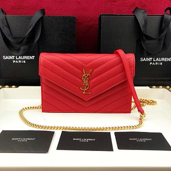 Forubags YSL Envelope Chain Wallet In Grain De Poudre Embossed Leather Gold Metal Logo Rouge Red – 393953 – 19x11.5x4 cm