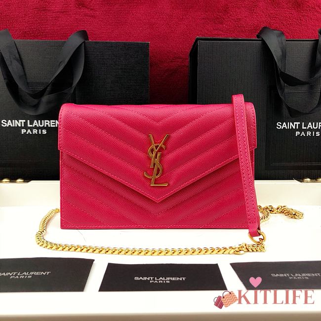 Forubags YSL Envelope Chain Wallet In Grain De Poudre Embossed Leather Gold Metal Logo Deep Pink – 393953 – 19x11.5x4 cm - 1