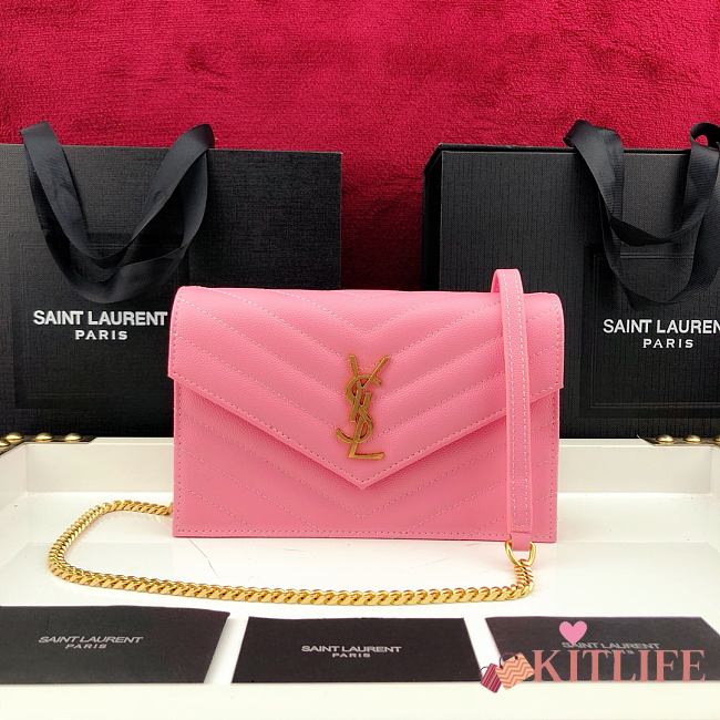 Forubags YSL Envelope Chain Wallet In Grain De Poudre Embossed Leather Gold Metal Logo Light Pink– 393953 – 19x11.5x4 cm - 1