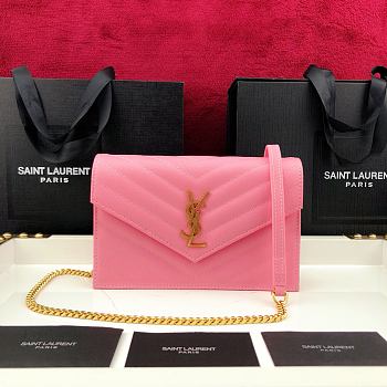 Forubags YSL Envelope Chain Wallet In Grain De Poudre Embossed Leather Gold Metal Logo Light Pink– 393953 – 19x11.5x4 cm