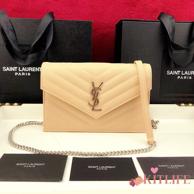 Forubags YSL Envelope Chain Wallet In Grain De Poudre Embossed Leather Silver Metal Logo Cream – 393953 – 19x11.5x4 cm - 1