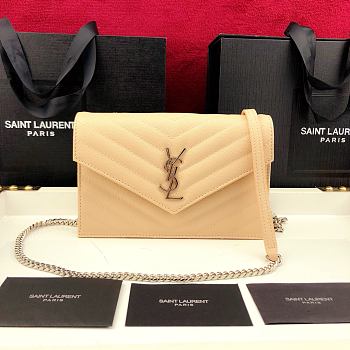 Forubags YSL Envelope Chain Wallet In Grain De Poudre Embossed Leather Silver Metal Logo Cream – 393953 – 19x11.5x4 cm