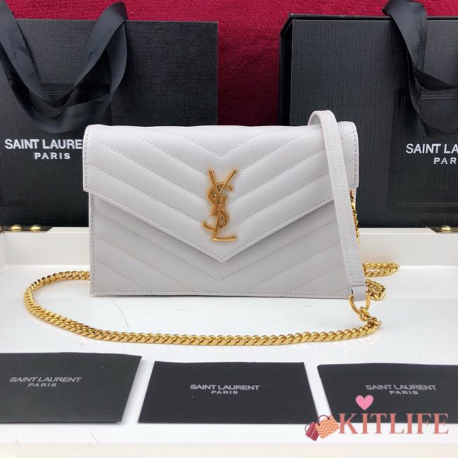 Forubags YSL Envelope Chain Wallet In Grain De Poudre Embossed Leather Gold Metal Logo White – 393953 – 19x11.5x4 cm - 1