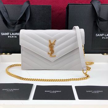 Forubags YSL Envelope Chain Wallet In Grain De Poudre Embossed Leather Gold Metal Logo White – 393953 – 19x11.5x4 cm