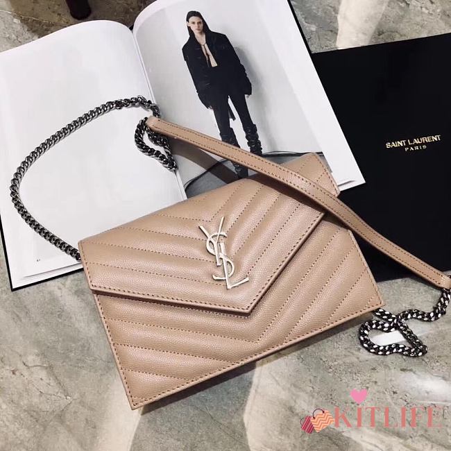 Forubags YSL Envelope Chain Wallet In Grain De Poudre Embossed Leather Silver Metal Logo Dark Beige – 393953 – 19x11.5x4 cm - 1