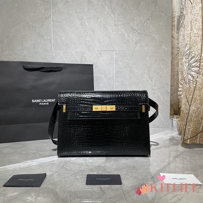 Forubags YSL Manhattan Shoulder Bag In Crocodile-Embossed Shiny Leather Gold Hardware Black – 579271 – 29x20.5x7 cm - 1