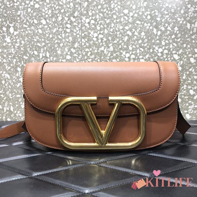 Forubags Valentino Garavani SuperVee Calf  Leather Crossbody Medium Bag Brown – 2009# – 26.5x9x16 cm - 1