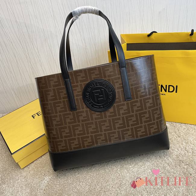 Fendi Capsule Shopping Bag Brown Cloth With Black Leather – 37x12x30 cm - 1