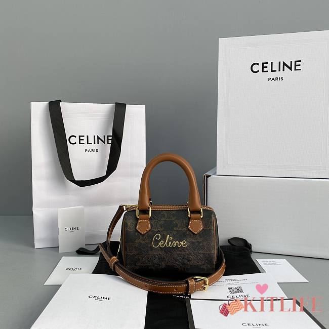 Celine Mini Boston Embroidery Presbyopia Brown -  60043 – 14x11x7.5 Cm - 1