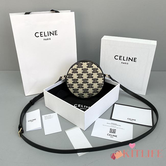 Celine Round Cake Canvas Embroidered Crossbody Bag Black - 60110 –14x4.2cm - 1