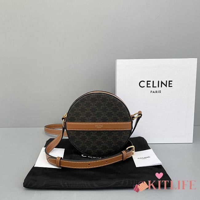 Celine Round Cake Canvas Embroidered Crossbody Bag Brown - 60110 –14x4.2cm - 1