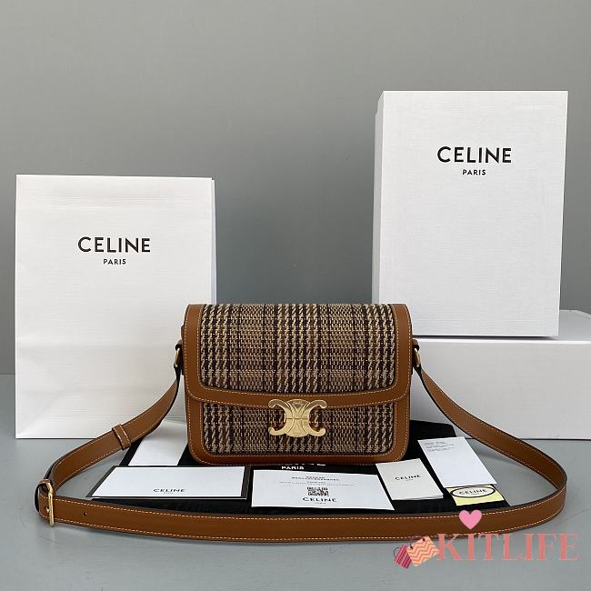 Celine Teen Triomphe Bag In Textile And Natural Calfskin Plaid - 60018 – 22x16x7 cm - 1