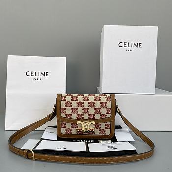 Celine Teen Triomphe Bag In Textile And Natural Calfskin Embroidery Reddish Brown - 60018 – 22x16x7 cm