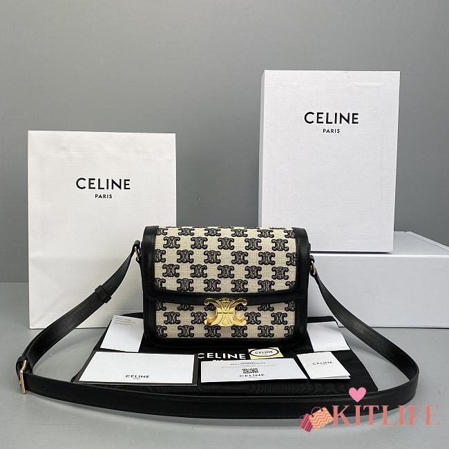 Celine Teen Triomphe Bag In Textile And Natural Calfskin Embroidery Black - 60018 – 22x16x7 cm - 1