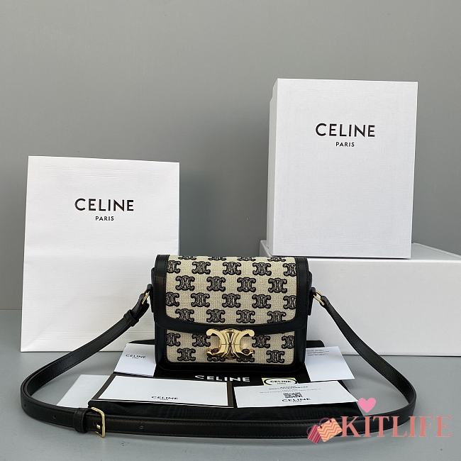 Celine Teen Triomphe Bag In Textile And Natural Calfskin Embroidery Black - 60018 – 18x14x6 cm - 1