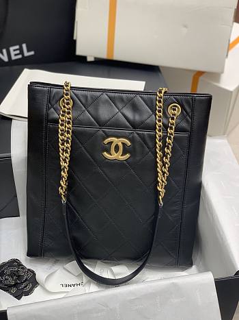 Chanel Calfskin With All-Bronze Vintage Gold Accessories Shopping Bag Black –30x29x7.5 cm