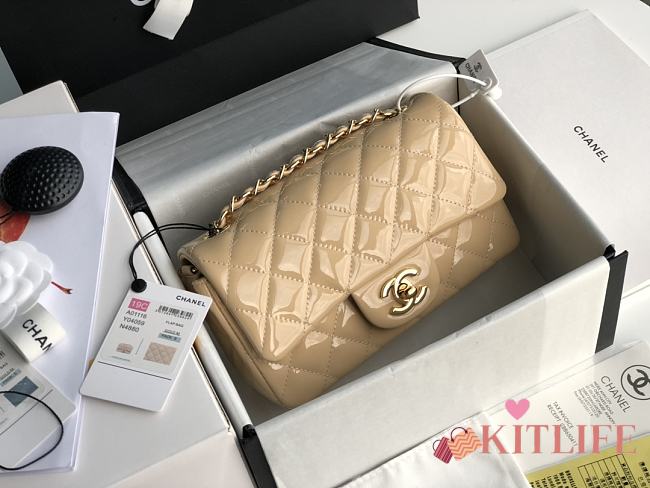 Chanel Quilted Patent Leather Classic New Mini Flap Bag Beige With Gold Hardware – 1116 – 20 cm - 1