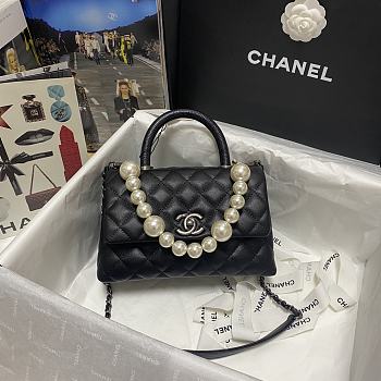 Chanel Coco Black Handle Pearl Chain Caviar Silver Hardware - 2215 – 19 cm