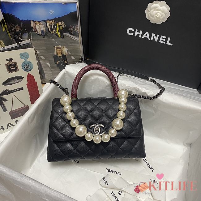 Chanel Coco Red Handle Pearl Chain Caviar Silver Hardware Small - 2215 – 19 cm - 1