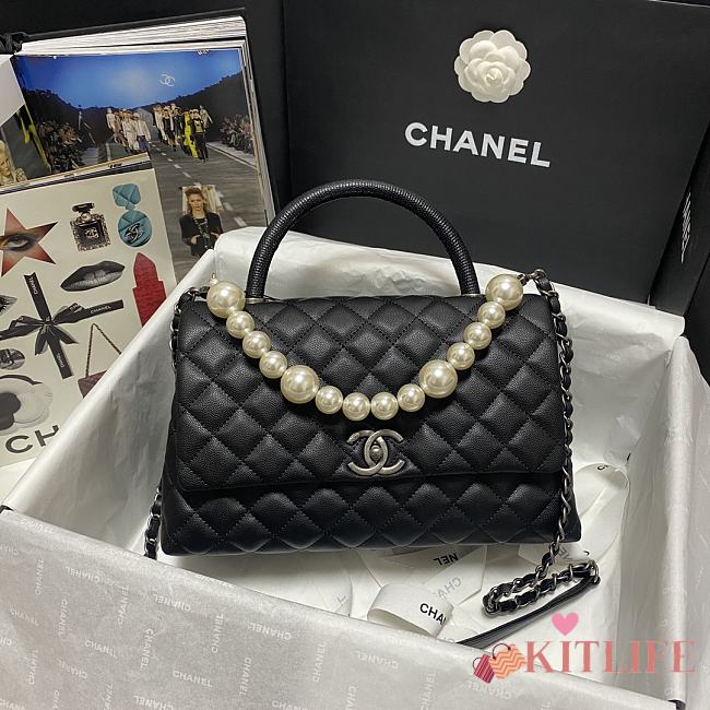 Chanel Coco Black Handle Pearl Chain Caviar Silver Hardware Small - 92991 – 28 cm - 1