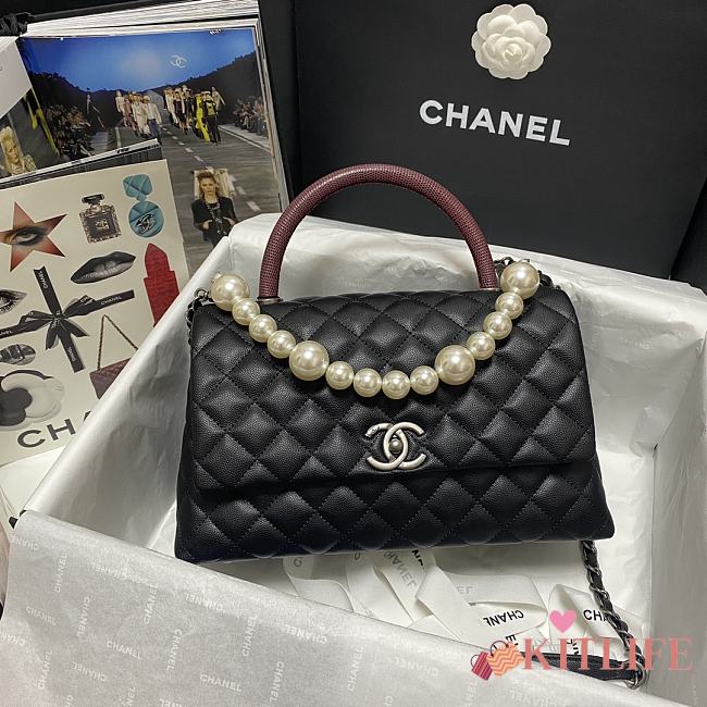 Chanel Coco Red Handle Pearl Chain Caviar Silver Hardware Large - 92991 – 28 cm - 1