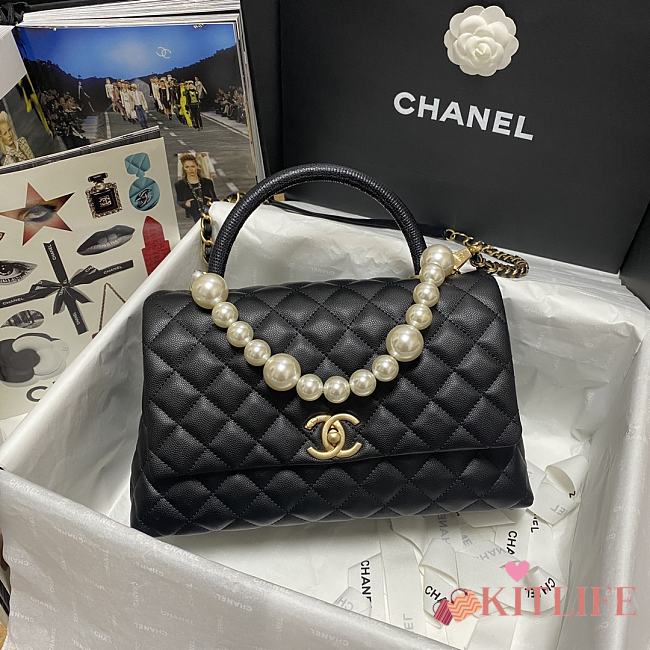 Chanel Coco Black Handle Pearl Chain Caviar Gold Hardware Large - 92991 – 28 cm - 1