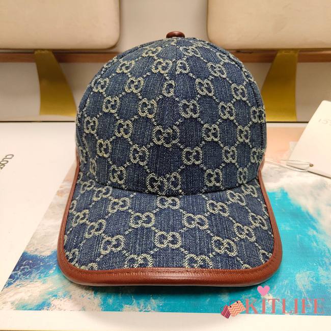 Gucci GG Baseball Cap Blue And Ivory GG Denim With Brown Leather  - 1