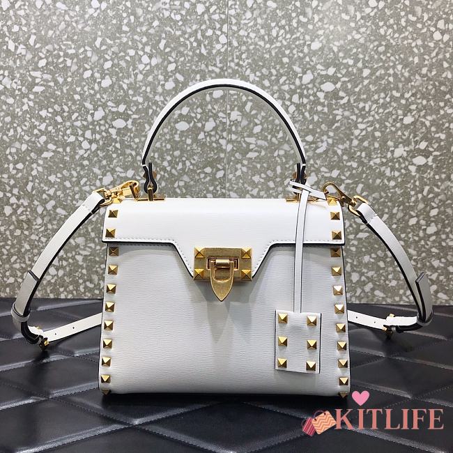 Valentino Garavani Rockstud Alcove Small Grained Calfskin Handbag Embellished Leather Pendant White – 0046# – 22x17x9cm - 1