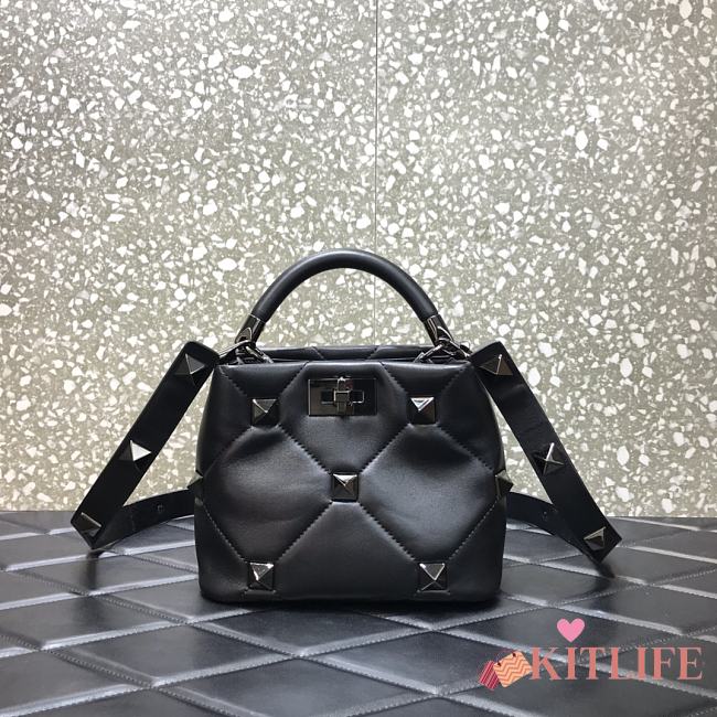 Valentino Roman Stud The Handle Bag 520 In Nappa Black Silver – 1199# – 20×9×15 cm - 1