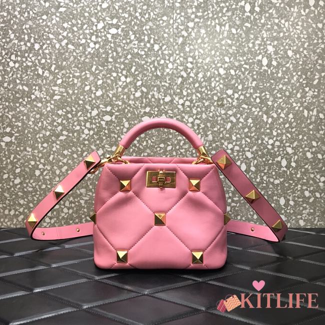 Valentino Roman Stud The Handle Bag 520 In Nappa Pink – 1199# – 20×9×15 cm - 1