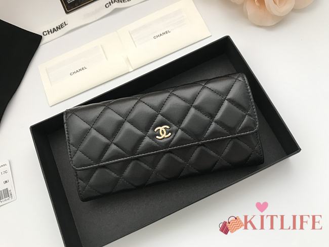 Chanel Imported Sheepskin With Maroon Red Skin Gold Logo Long Wallet Black – A50096 - 10.5x19x3 cm - 1