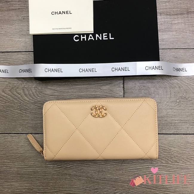 Chanel Zipper Long Wallet Large Diamond Pattern Leather Chain CC Buckle Beige – 6870 - 19 cm - 1