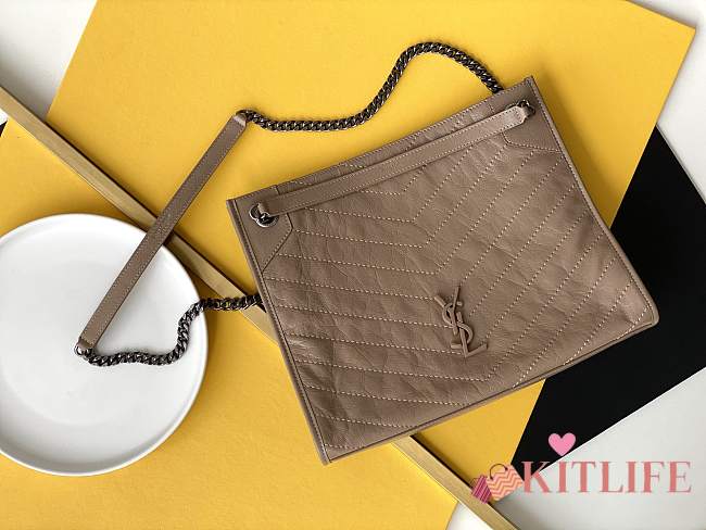 YSL Niki Shopping Bag Wrinkled Oil Wax Cowhide Deep Beige – 33x27x11.5cm - 1