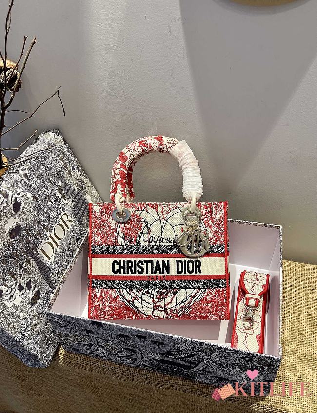 Dior Lady D-Lite Red and White D-Royaume d'Amour Embroidery - M0565O - 24 x 20 x 11 cm - 1